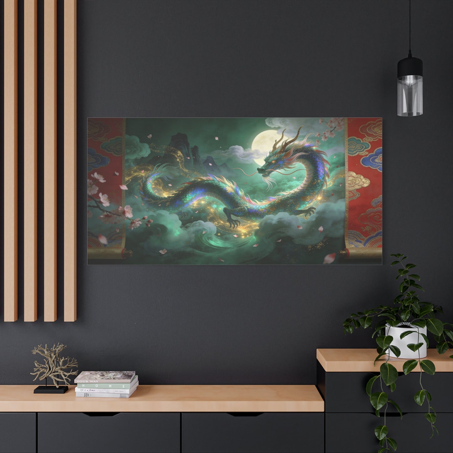 Moonlit Chinese Dragon Canvas Wall Art - Fantasy Cloudscape, Cherry Blossoms, Gold Accents - Luminous Asian Illustration - Living Room Wall Decor, Bedroom Home Decoration - Bedroom Home Decoration