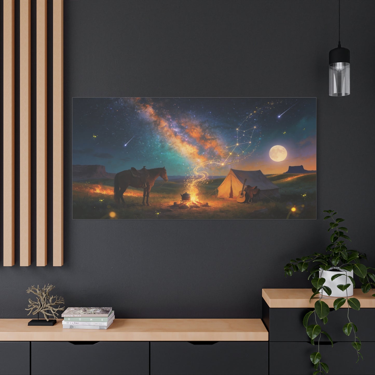 Western Night Sky Canvas Wall Art - Horse, Tent, Campfire And Milky Way Constellation - Dreamy Cosmic Desert Landscape - Modern Home Decor For Living Room, Bedroom, Office - Living Room Wall Decor