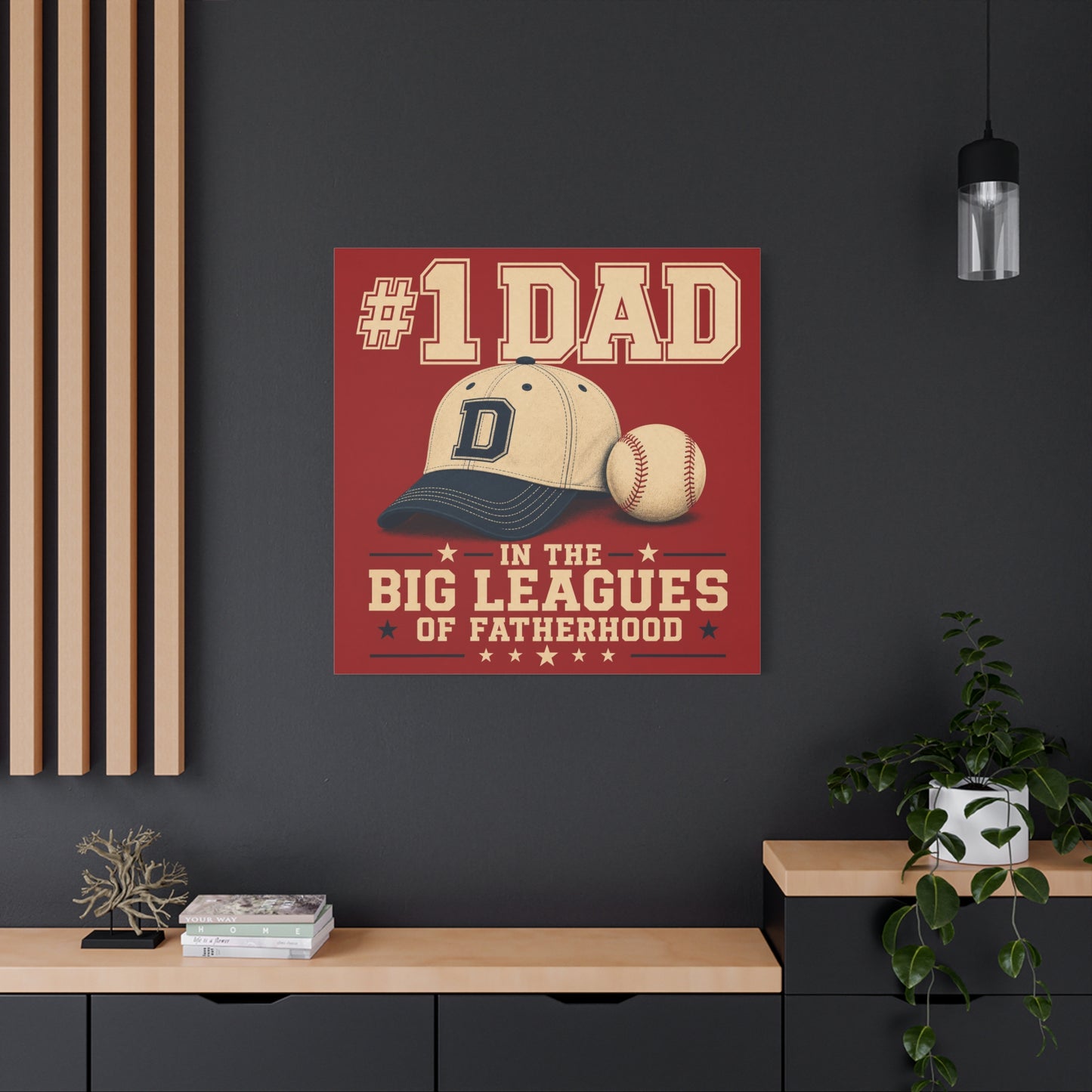 "#1 Dad In The Big Leagues Of Fatherhood" Baseball Canvas Wall Art - Vintage Sports Typography, Cap And Ball Illustration - Rustic Americana Style - Living Room Wall Decor - Bedroom Home Decoration