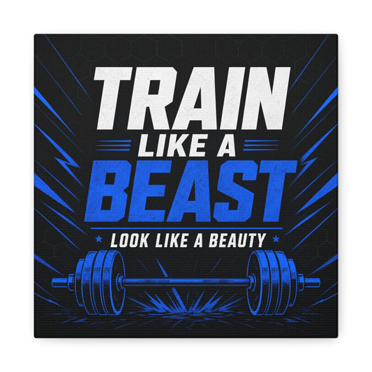 "Train Like A Beast Look Like A Beauty" Gym Canvas Wall Art - Blue Black Barbell Typography Motivational Fitness Decor - Modern Sports Quote Print - Ready to Hang - Living Room Wall Decor