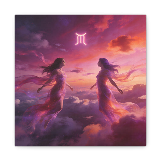 Gemini Zodiac Canvas Wall Art - Twin Women In Celestial Sunset Clouds, Fantasy Astrology Print - Dreamy Purple Pink Sky - Modern Bedroom Wall Decor, Meditation Space Accent - Bedroom Home Decoration