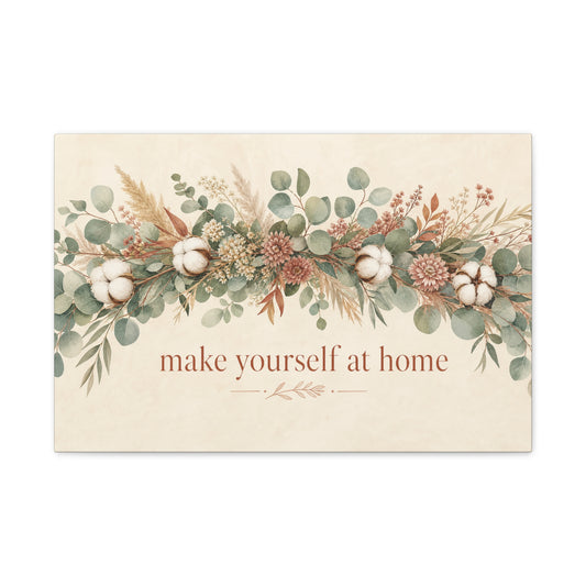 "Make Yourself At Home" Botanical Canvas Wall Art - Eucalyptus Cotton Stem Floral Quote Print - Rustic Farmhouse Style - Living Room Wall Decor - Modern Farmhouse Style - Bedroom Home Decoration