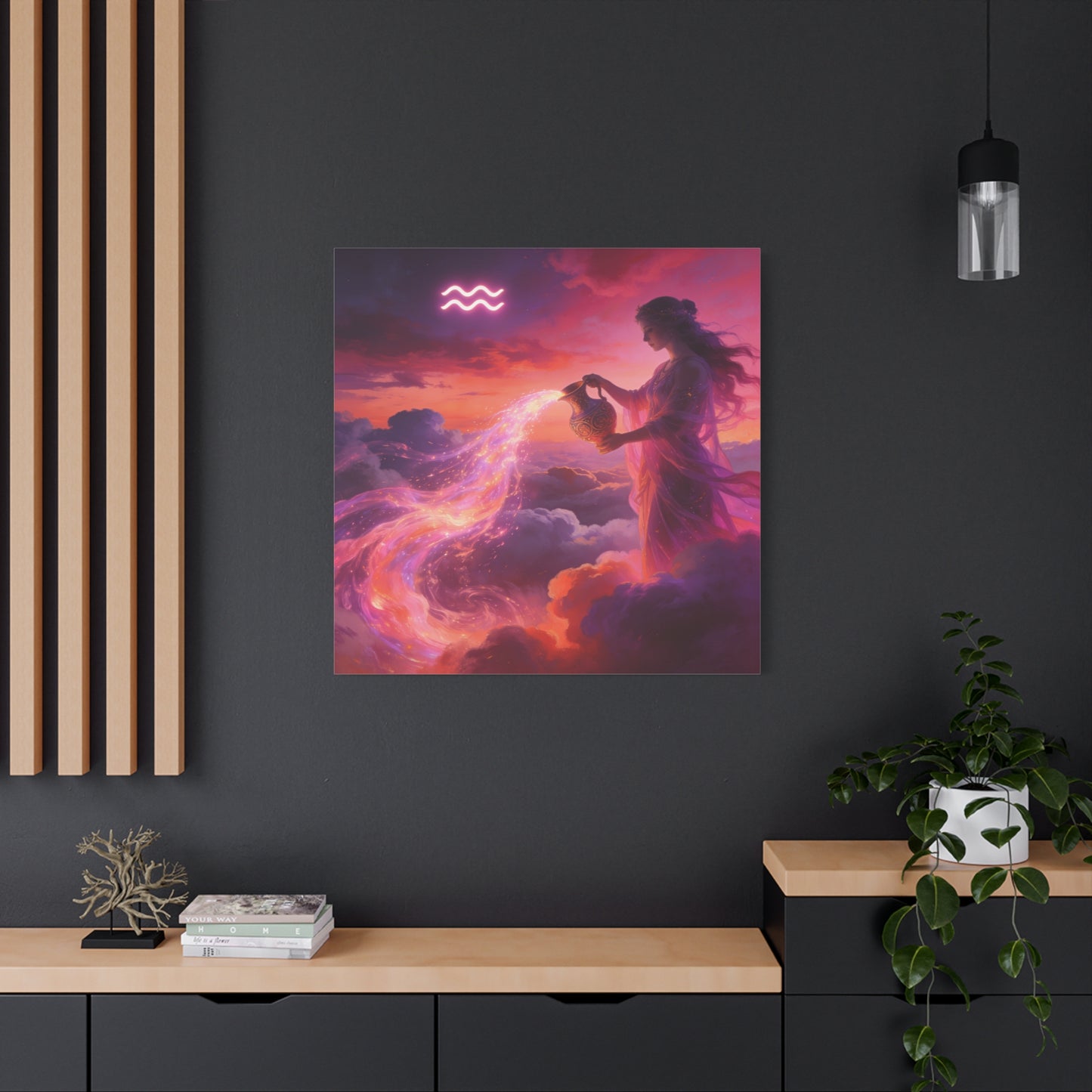 Aquarius Goddess Canvas Wall Art - Zodiac Woman Pouring Celestial Water, Fantasy Sky Illustration - Pink Purple Matte Canvas Print - Bedroom Wall Decor, Bohemian Home Accent - Bedroom Home Decoration