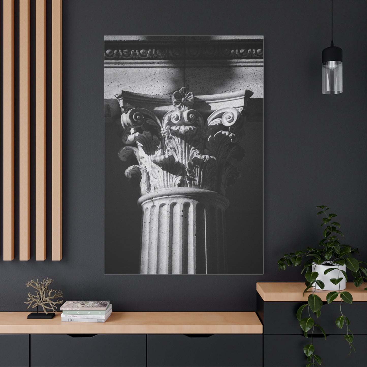 Black And White Corinthian Column Canvas Wall Art - Architectural Art Print, Dramatic Light, Matte Cotton Decor - Modern Minimalist Living Room Wall Decor, Office Art - Bedroom Home Decoration