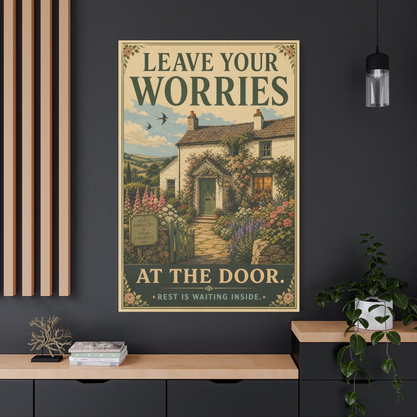 "Leave Your Worries At The Door. Rest Is Waiting Inside." Canvas Wall Art - Vintage Cottage Garden Quote Print, Floral Farmhouse Style, Bedroom Home Decoration, Entryway Decor - Living Room Wall Decor
