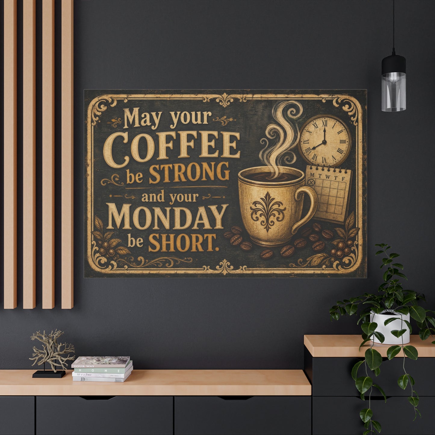 "May Your Coffee Be Strong And Your Monday Be Short" Canvas Wall Art - Vintage Coffee Cup Quote Print, Rustic Decor, Farmhouse Wall Hanging - Ready to Hang - Bistro Decor - Espresso Bar Sign