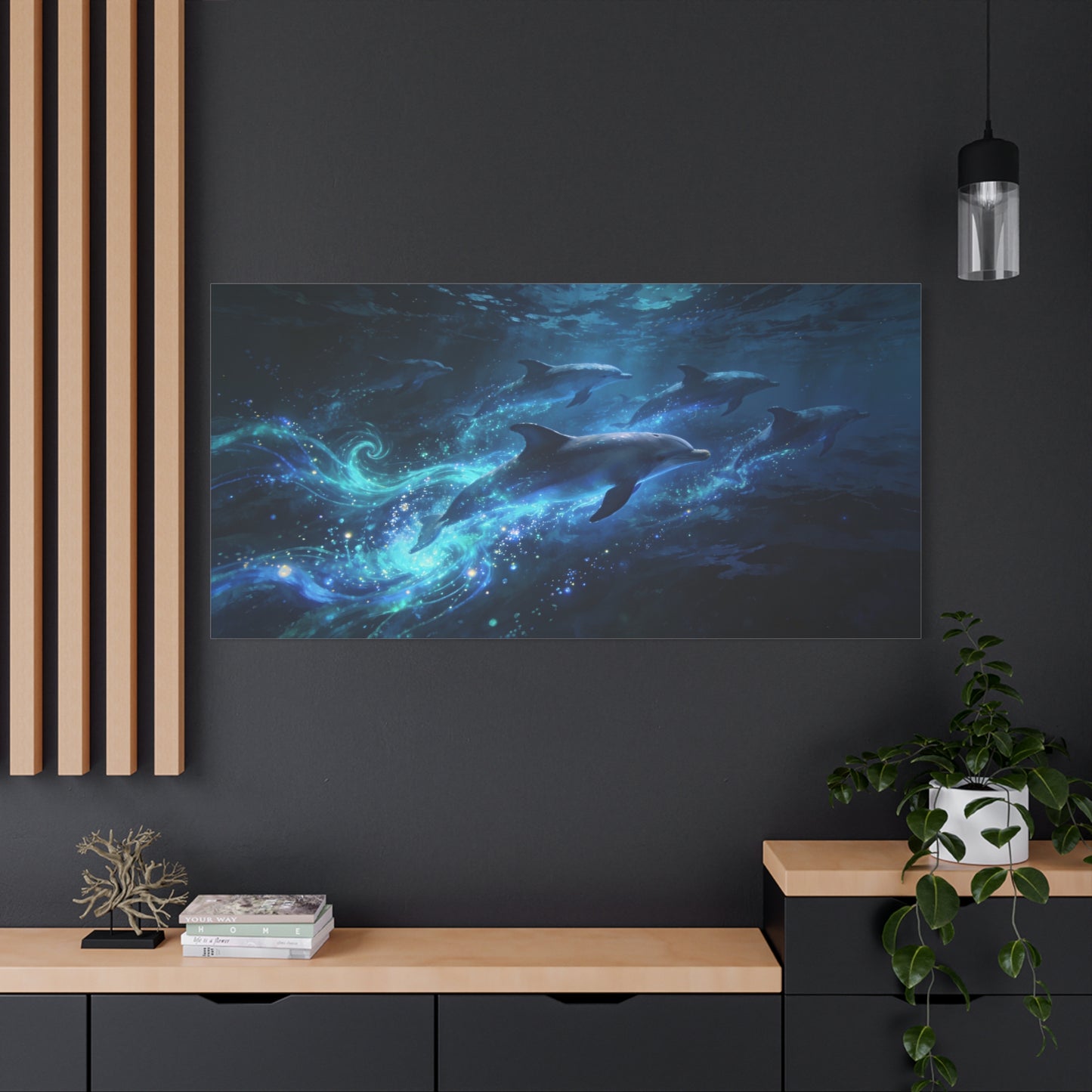 Dolphin Pod Canvas Wall Art - Glowing Underwater Ocean Scene, Blue Fantasy Marine Print - Matte Cotton Artwork - Coastal Style Living Room Wall Decor, Bedroom Home Decoration - Bedroom Home Decoration