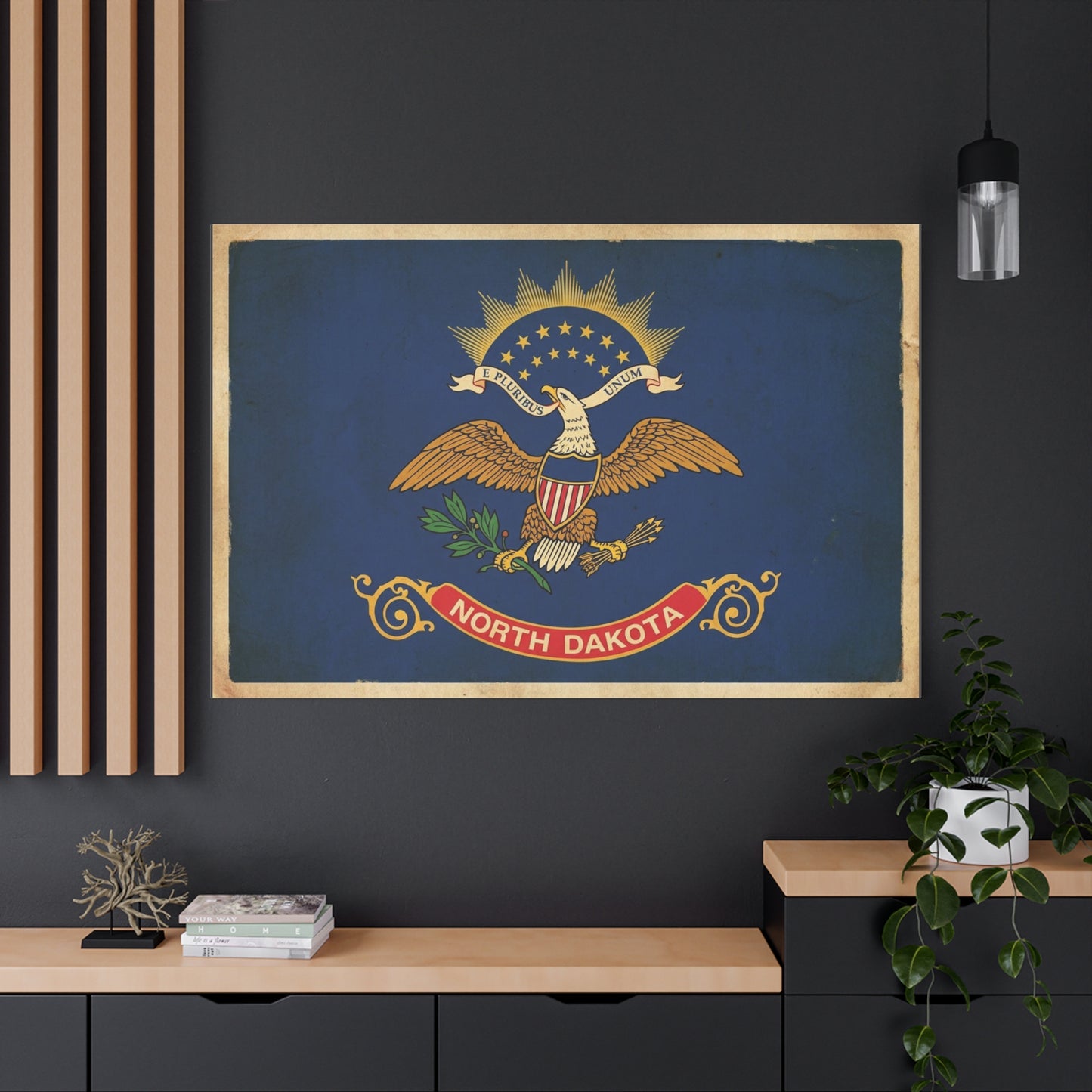 North Dakota Flag Canvas Wall Art - E Pluribus Unum Vintage State Banner Print - Patriotic Blue Eagle Emblem Decor - Rustic Americana Style - Ready to Hang - Living Room Wall Decor - Ready to Hang