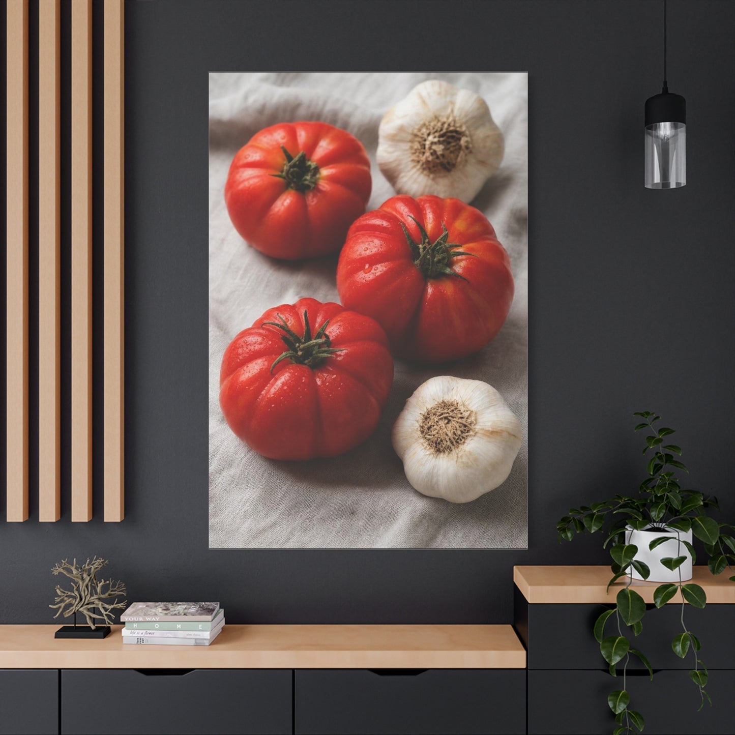 Heirloom Tomato Still Life Canvas Wall Art - Garlic Kitchen Food Art Print - Rustic Matte Canvas Decor - Farmhouse Dining Room Accent, Contemporary Culinary Wall Decor - Modern Farmhouse Style