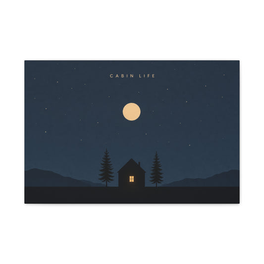 "Cabin Life" Moonlit Forest Canvas Wall Art - Minimalist Night Landscape Print - Rustic Lodge Decor, Bedroom Wall Accent, Living Room Decoration, Mountain Retreat Style - Bedroom Home Decoration