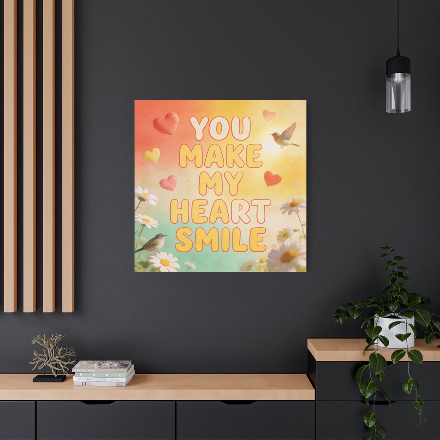 "You Make My Heart Smile" Inspirational Canvas Wall Art - Daisy And Songbird Quote Print, Pastel Typography Decor, Cheerful Bedroom Wall Hanging, Nursery Home Accent - Bedroom Home Decoration