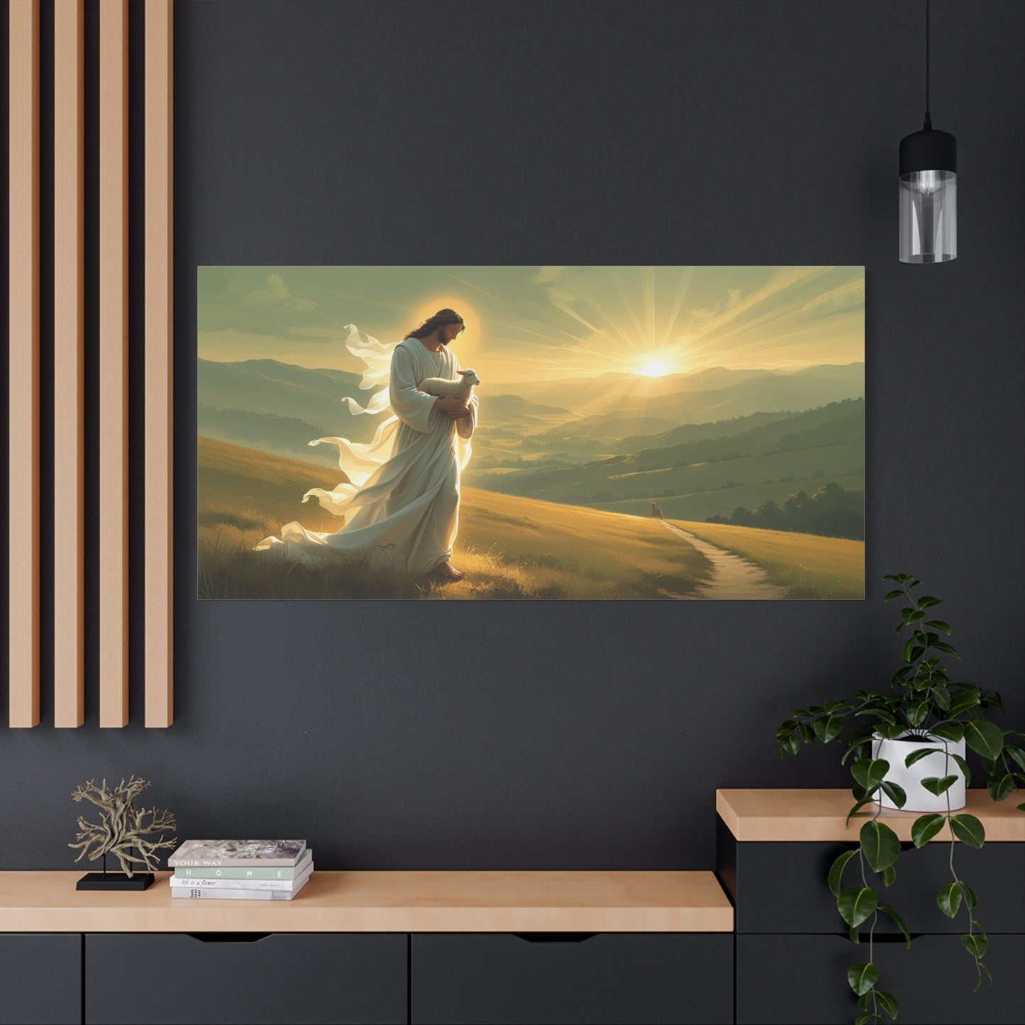 Jesus Holding Lamb Canvas Wall Art - Christian Sunset Landscape Print, Golden Light Faith Decor - Matte Cotton Canvas - Traditional Living Room Wall Decor, Bedroom Home Accent - Modern Farmhouse Style