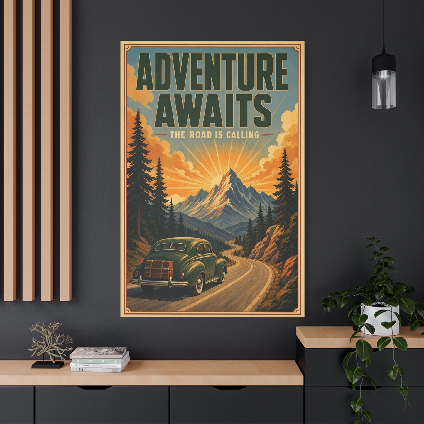 "Adventure Awaits The Road Is Calling" Vintage Travel Canvas Wall Art - Mountain Road Sunrise, Retro Car Poster Print - Adventure Decor, Living Room Wall Decor, Office Art - Bedroom Home Decoration