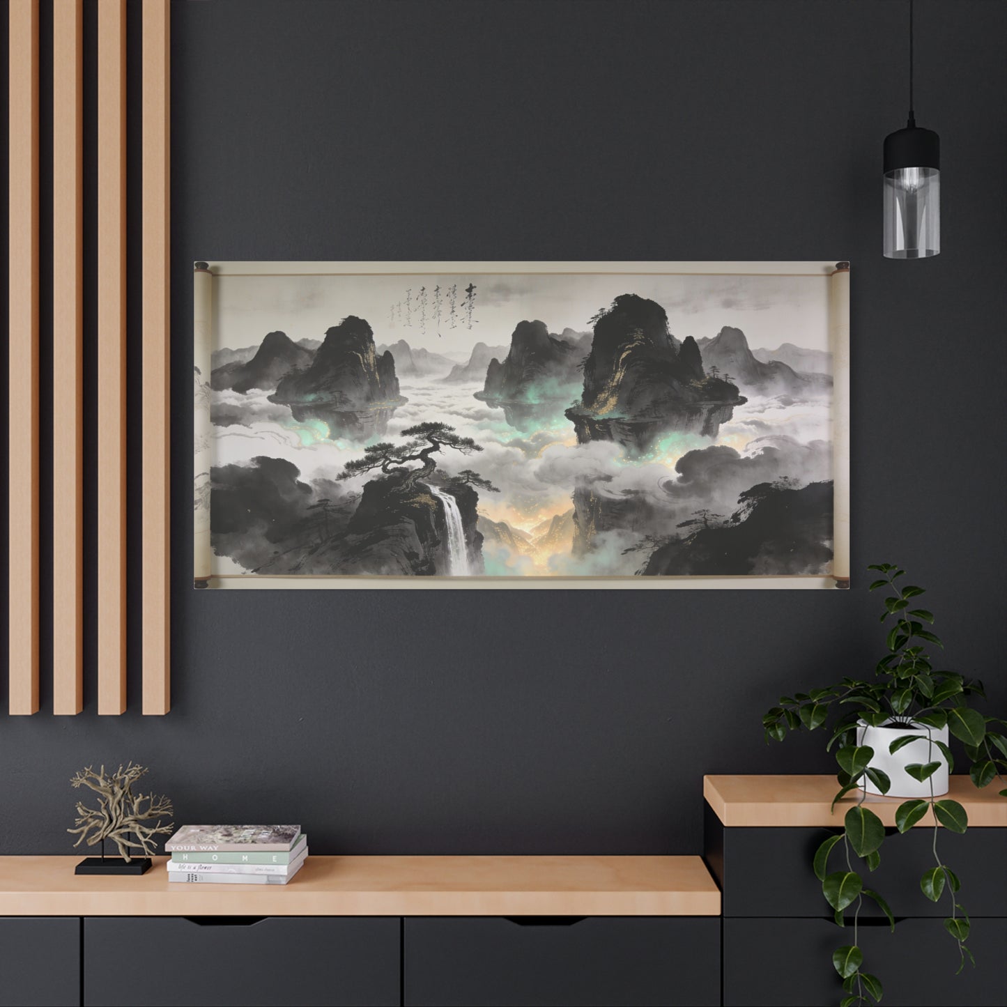 Chinese Ink Landscape Canvas Wall Art - Misty Mountain Scroll Painting, Cloud Sea Waterfall, Calligraphy Detail - Contemporary Zen Style - Living Room Wall Decor, Bedroom Home Accent - Ready to Hang
