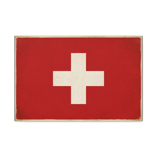 Swiss Flag Canvas Wall Art - Vintage Red White Cross Print, Patriotic Minimalist Decor - Rustic Travel Style - Living Room Wall Decor, Office Art - Bedroom Home Decoration - Bedroom Home Decoration