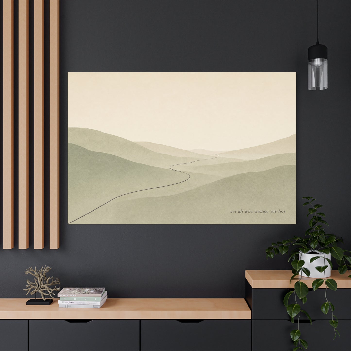 "Not All Who Wander Are Lost" Minimalist Landscape Canvas Wall Art - Misty Hills, Winding Path, Neutral Sage Beige Tones - Modern Wall Decor For Bedroom, Living Room, Home Office - Ready to Hang