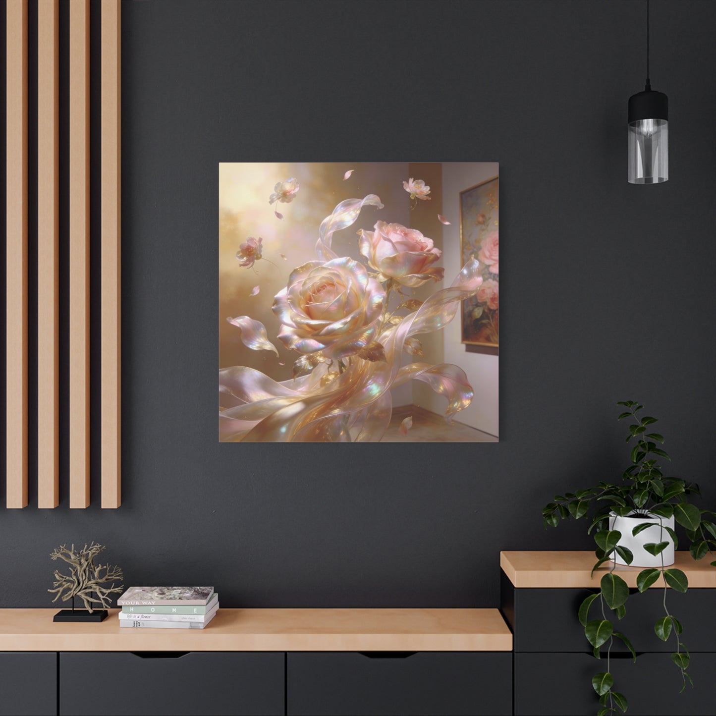Iridescent Pink Rose Canvas Wall Art - Pearlescent Floral Wall Decor, Dreamy Botanical Home Decoration - Luminous Matte Canvas Print - Romantic Contemporary Style, Bedroom Accent - Ready to Hang