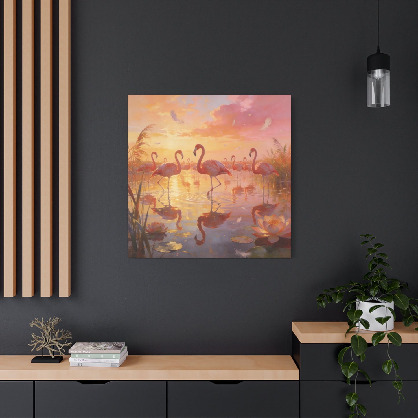 Pink Flamingo Canvas Wall Art - Sunset Wetland Birds, Lotus Pond Reflections - Dreamy Tropical Illustration, Matte Canvas Print - Living Room Wall Decor, Bedroom Home Decoration - Ready to Hang