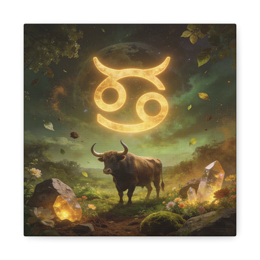 Cancer Zodiac Canvas Wall Art - Glowing Astrology Symbol, Bull And Crystal Fantasy Scene - Celestial Green Gold Illustration - Bedroom Home Decoration, Meditation Space Accent - Living Room Wall Decor