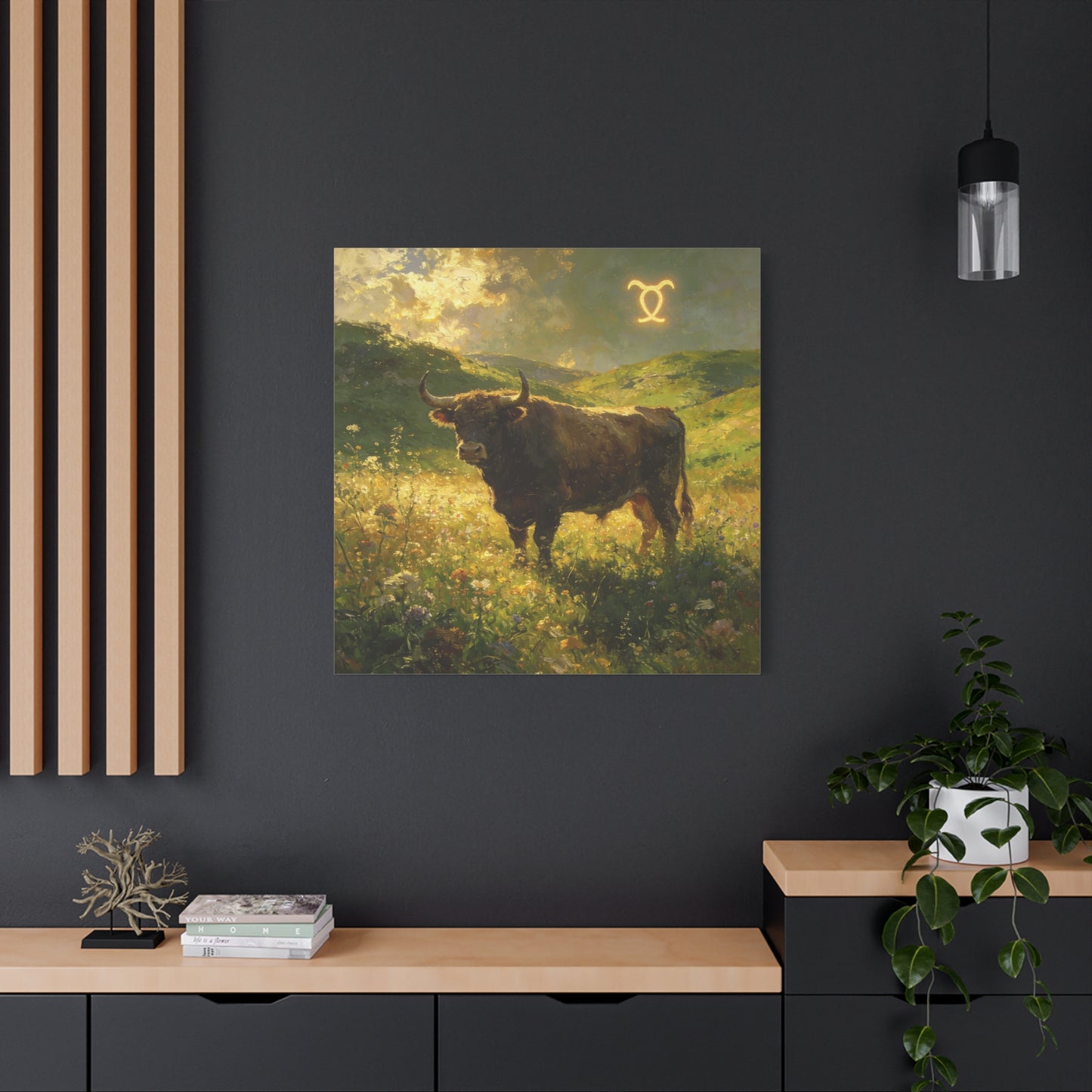 Taurus Bull Canvas Wall Art - Golden Meadow Landscape Painting, Zodiac Symbol, Rustic Contemporary Cotton Canvas Print, Living Room Wall Decor, Bedroom Home Decoration, Office Art Accent