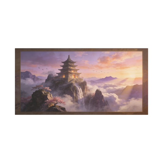 Mountain Pagoda Canvas Wall Art - Misty Sunrise Temple, Waterfall And Cherry Blossoms - Framed Landscape Print, Serene Traditional Style - Living Room Wall Decor, Bedroom Decoration - Ready to Hang