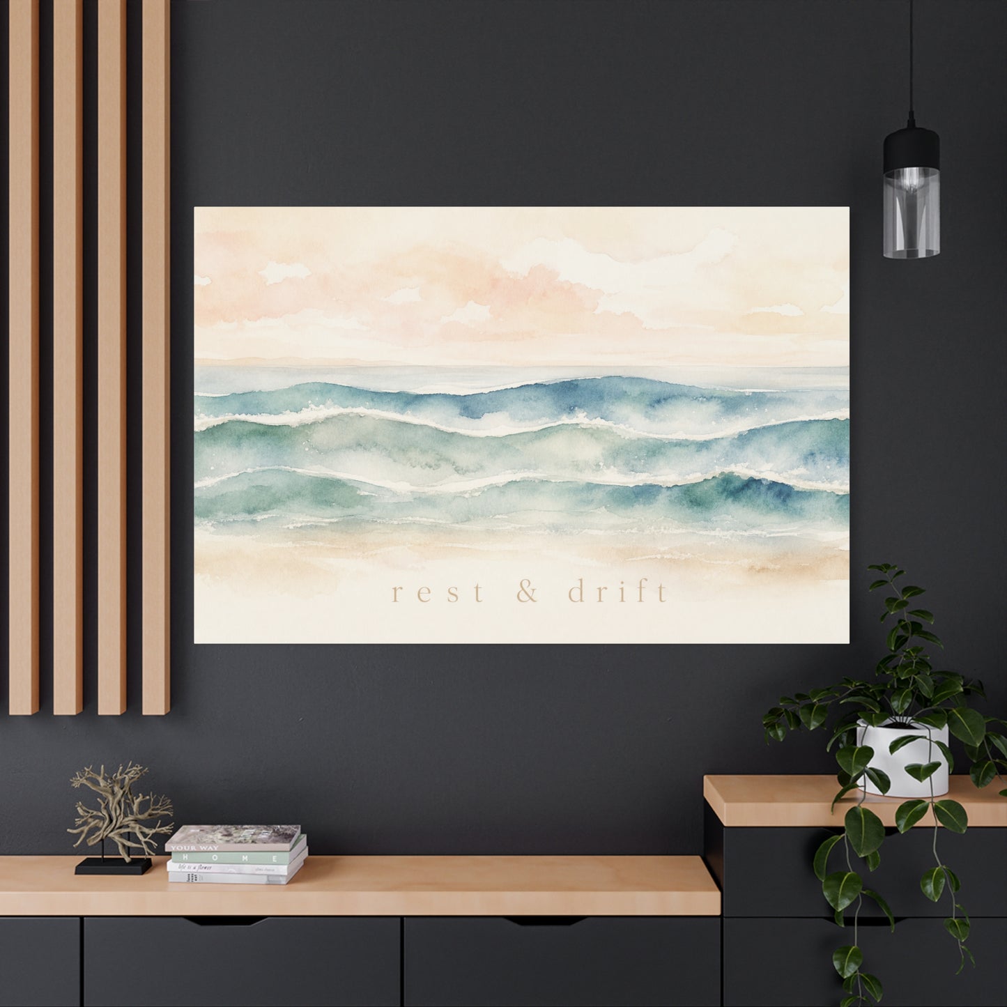 "Rest & Drift" Coastal Ocean Waves Canvas Wall Art - Watercolor Seascape Beach Decor - Serene Pastel Blue And Peach - Bedroom Home Decoration, Living Room Accent, Jellyfish Room Decor - Ready to Hang