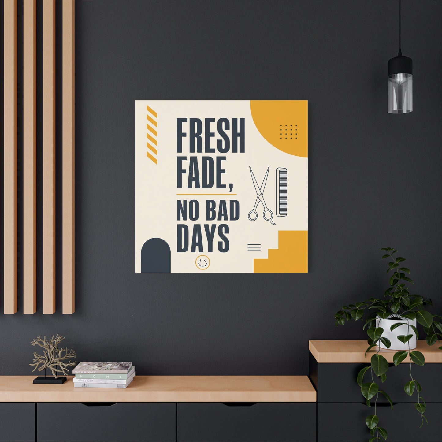 "Fresh Fade, No Bad Days" Barber Shop Canvas Wall Art - Scissors And Comb Typography Print - Modern Yellow Black Salon Decor - Workspace Wall Decor, Lobby Wall Art Accent - Gallery Wrapped Canvas
