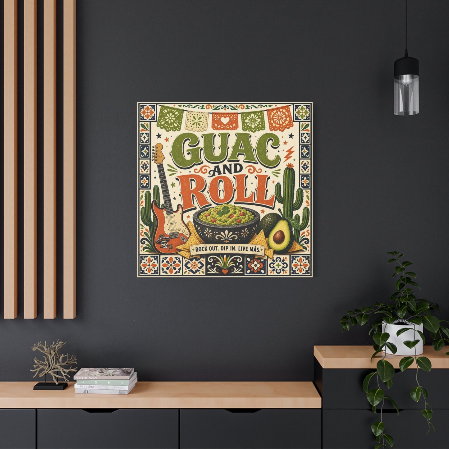 "Guac And Roll" Typography Canvas Wall Art - Fiesta Guitar, Cactus, Avocado Folk Illustration - Bohemian Rustic Style - Kitchen Wall Decor, Dining Room Accent, Cafe Wall Decor - Modern Farmhouse Style
