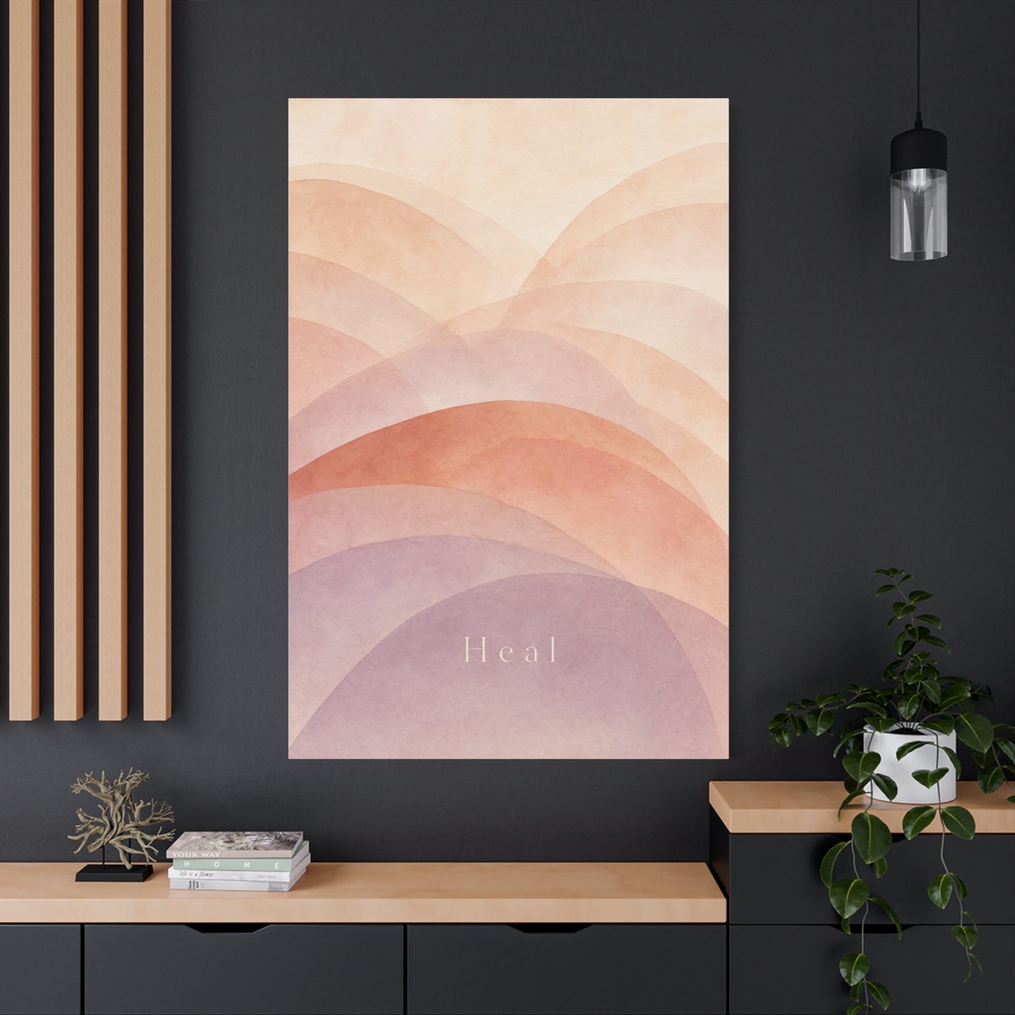 "Heal" Abstract Canvas Wall Art - Blush Peach Lavender Arches, Minimalist Typography Print - Contemporary Boho Decor, Bedroom Wall Hanging, Living Room Decoration, Meditation Space Accent