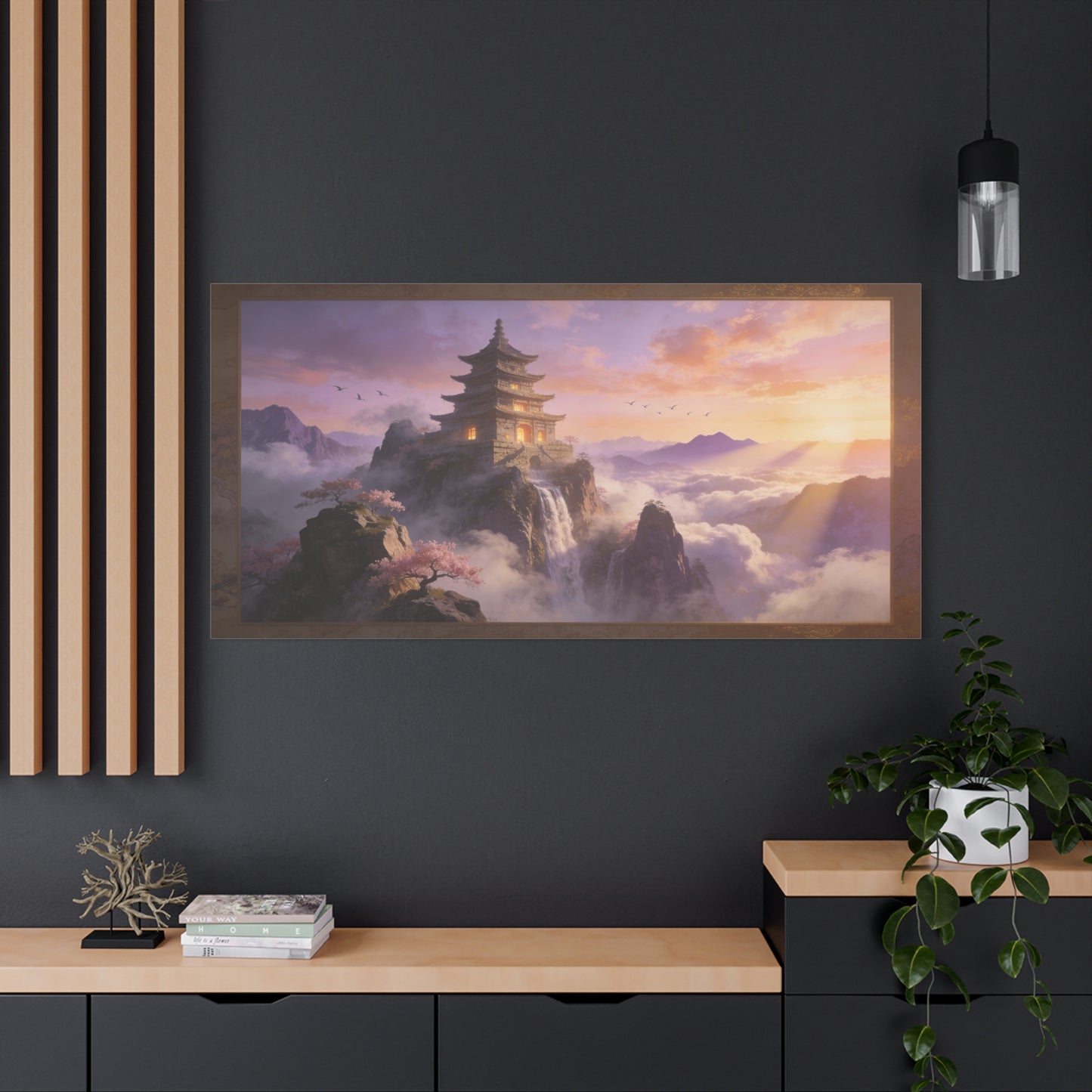 Mountain Pagoda Canvas Wall Art - Misty Sunrise Temple, Waterfall And Cherry Blossoms - Framed Landscape Print, Serene Traditional Style - Living Room Wall Decor, Bedroom Decoration - Ready to Hang