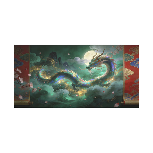 Moonlit Chinese Dragon Canvas Wall Art - Fantasy Cloudscape, Cherry Blossoms, Gold Accents - Luminous Asian Illustration - Living Room Wall Decor, Bedroom Home Decoration - Bedroom Home Decoration
