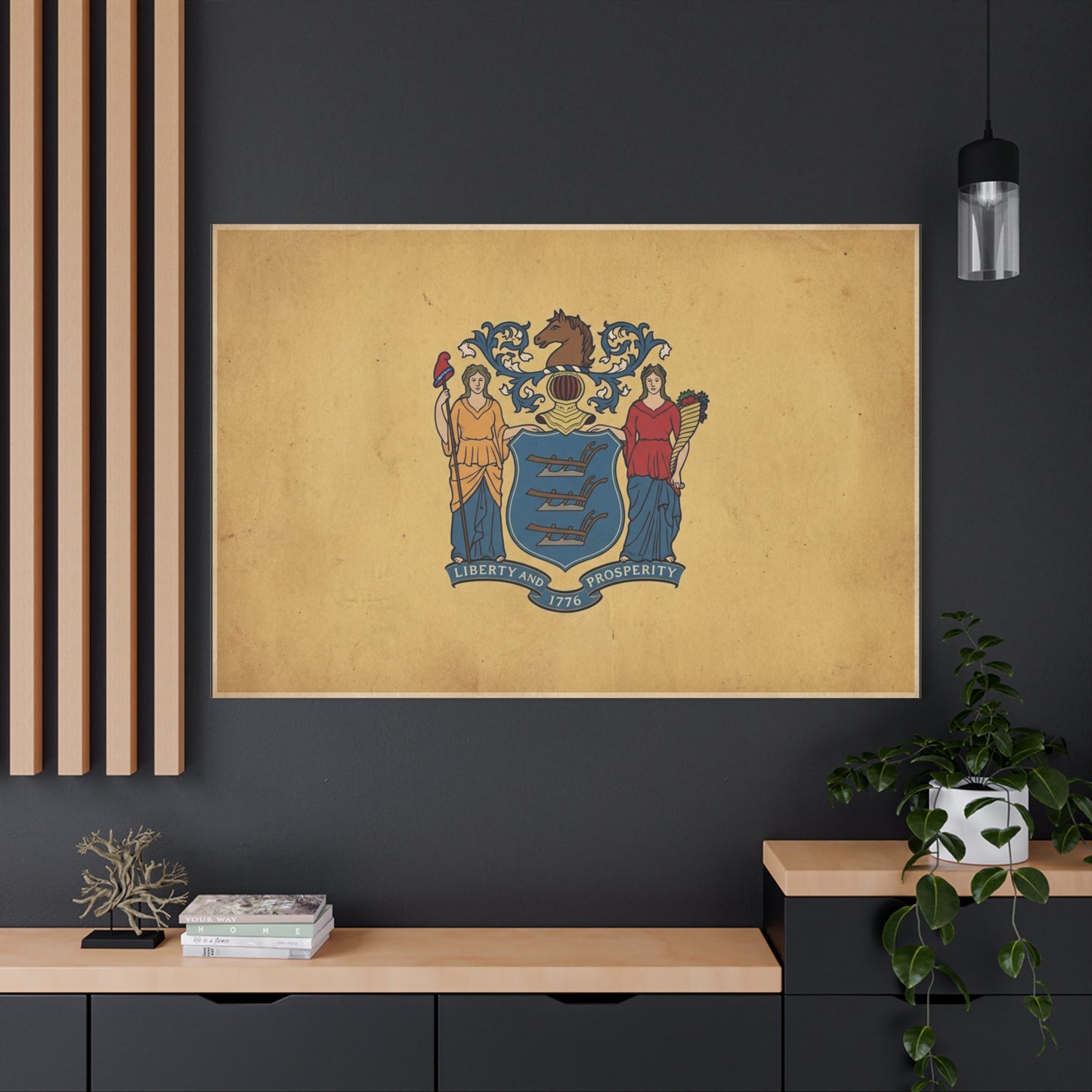 "Liberty And Prosperity 1776" New Jersey State Flag Canvas Wall Art - Vintage Tan Crest Banner Print, Patriotic Heritage Decor - Office Wall Art