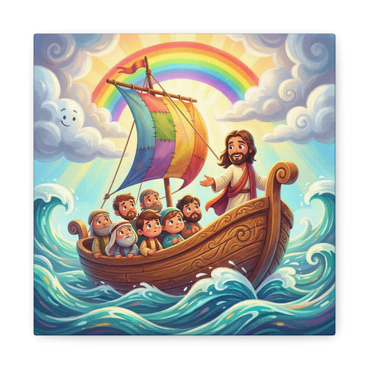 Jesus Boat Canvas Wall Art - Rainbow Sail, Disciples At Sea, Christian Nursery Decor - Matte Cotton Print - Whimsical Religious Style For Kids Bedroom Playroom Home Decoration - Living Room Wall Decor