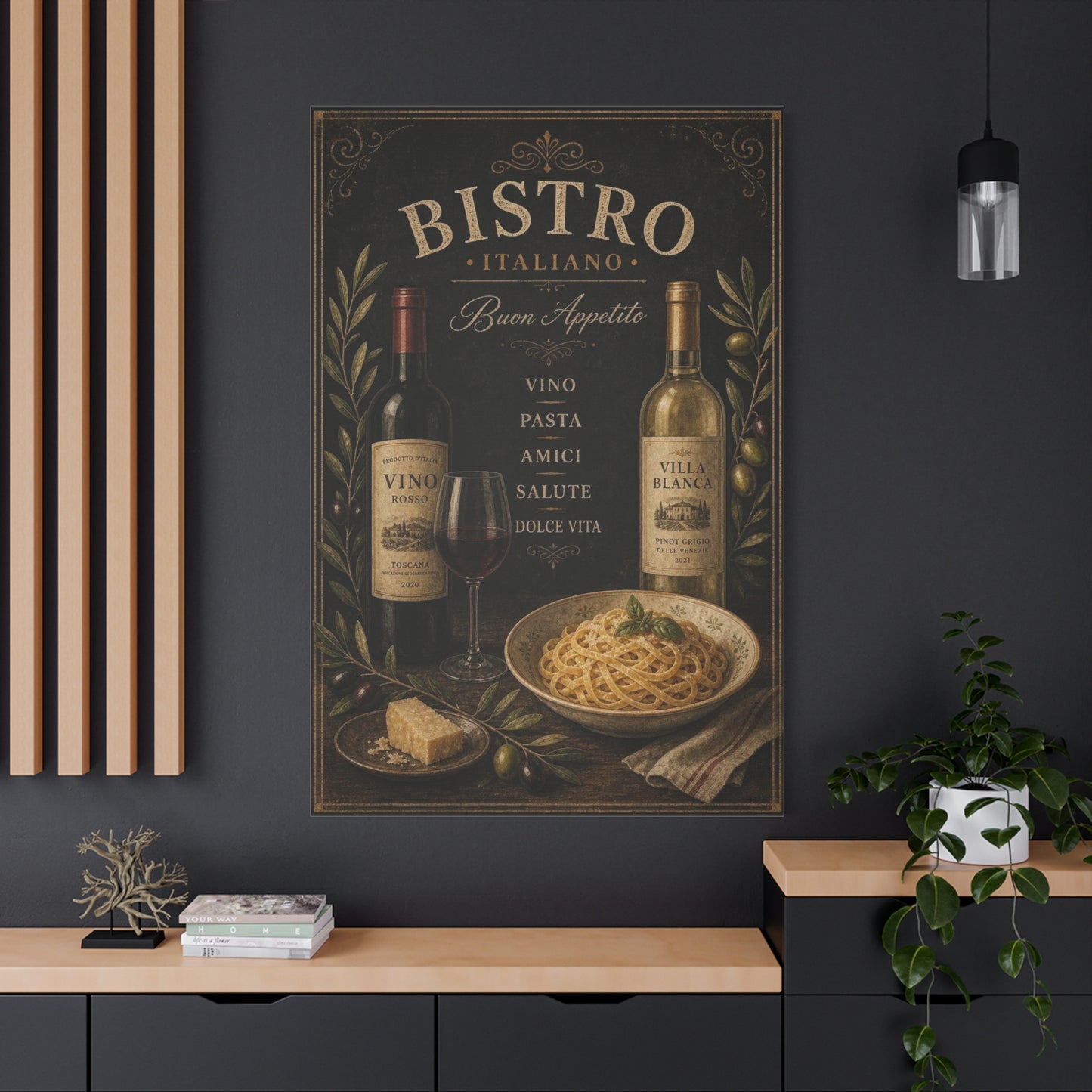 "Bistro Italiano Buon Appetito" Canvas Wall Art - Wine Bottles, Pasta, Olives - Vintage Italian Kitchen Decor - Rustic Farmhouse Style - Dining Room Accent, Cafe Wall Decor - Bedroom Home Decoration