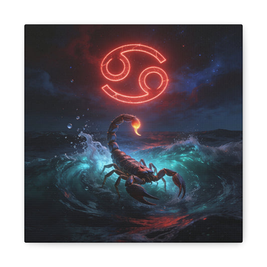 Cancer Zodiac Canvas Wall Art - Neon Crab Ocean Astrology Print, Celestial Night Seascape, Matte Canvas Decor, Bedroom Home Decoration, Living Room Wall Decor, Modern Space Style - Ready to Hang