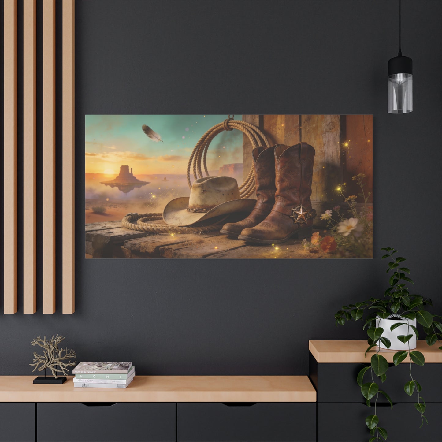 Western Cowboy Boots Canvas Wall Art - Desert Mesa Sunset, Hat And Lasso - Rustic Cotton Print - Vintage Ranch Style - Living Room Wall Decor, Office Art, Entryway Decoration - Bedroom Home Decoration