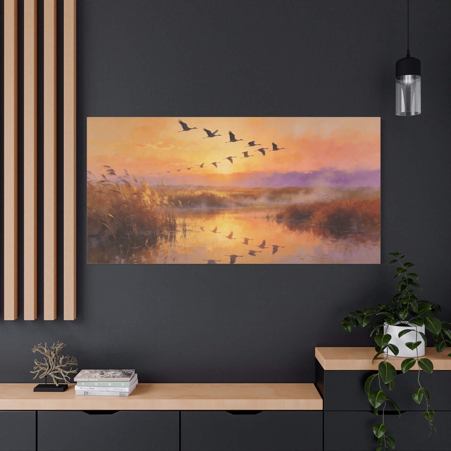 Flying Cranes Sunset Canvas Wall Art - Marsh Landscape Bird Painting, Golden Reeds Reflection, Matte Canvas Print - Traditional Style - Living Room Wall Decor Bedroom Decoration - Ready to Hang