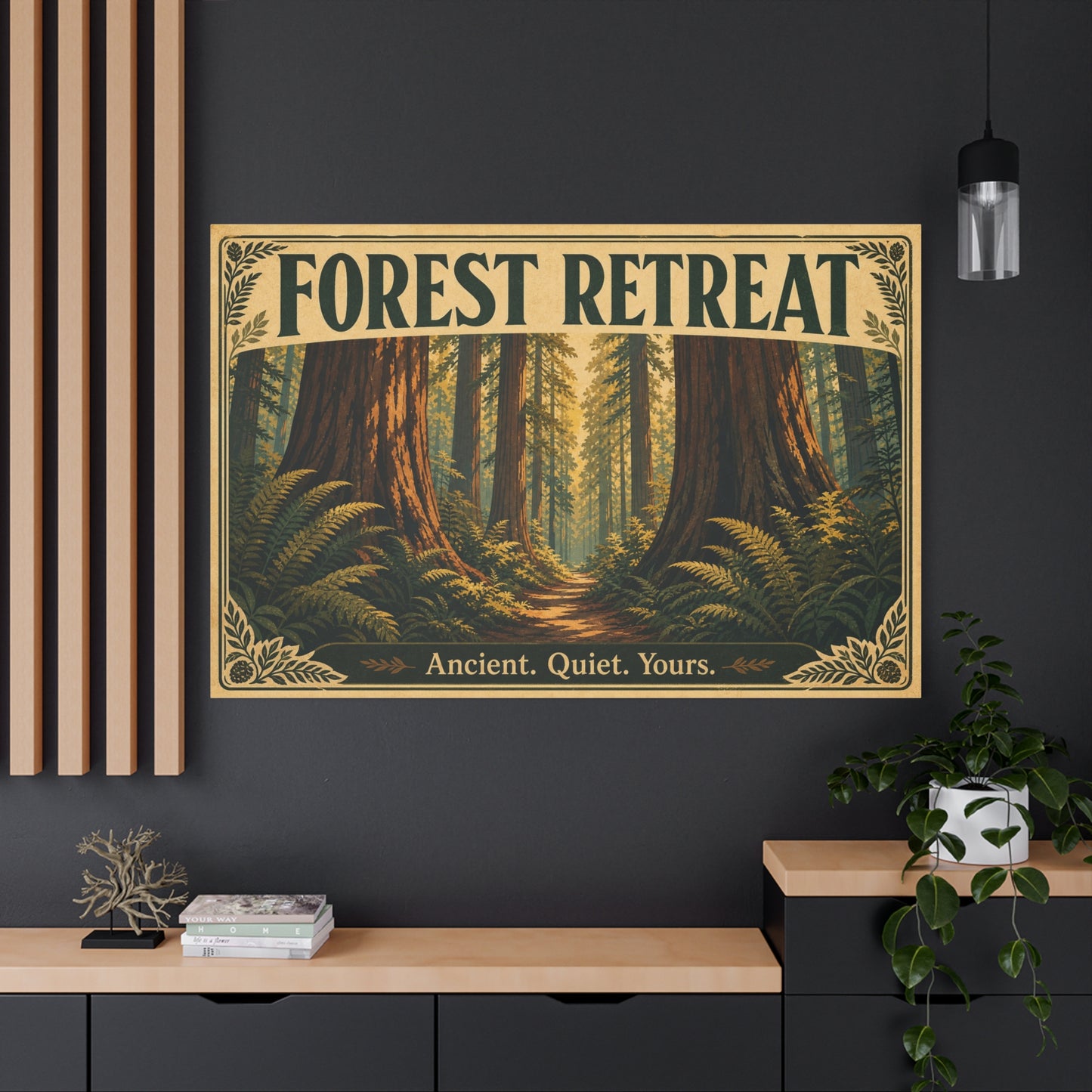 "Forest Retreat" Canvas Wall Art - Vintage Redwood Forest Path Print, Rustic Woodland Home Decor - Ancient. Quiet. Yours. - Cabin Style Living Room Decoration, Bedroom Wall Hanging - Ready to Hang