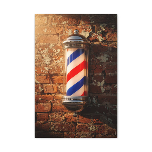 Vintage Barber Pole Canvas Wall Art - Rustic Brick Wall Art Print, Red Blue White Stripe Shop Decor - Matte Cotton Art Print - Barbershop Interior Accent, Lobby Workspace Styling - Ready to Hang