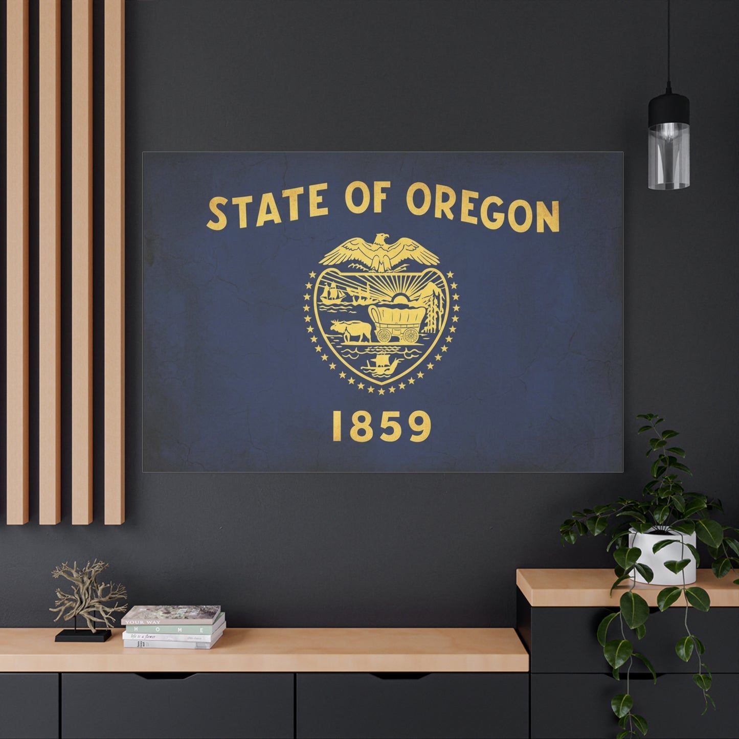 "State Of Oregon 1859" Flag Canvas Wall Art - Vintage State Seal Navy Gold Print - Typography Patriotic Decor - Living Room Wall Decor, Office Art - Bedroom Home Decoration - Bedroom Home Decoration