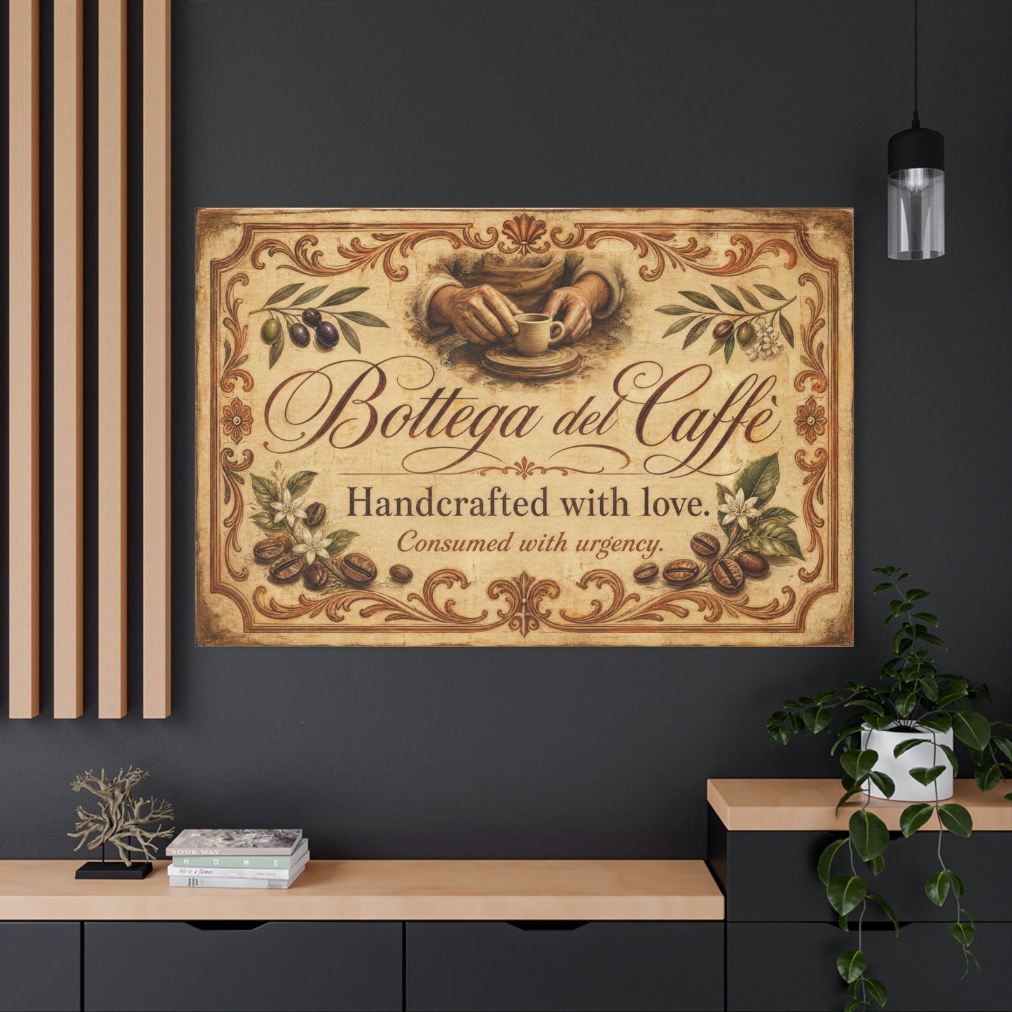 "Bottega del Caffe" Canvas Wall Art - Vintage Italian Coffee Quote Print, Olive Branches, Beans, Rustic Farmhouse Decor, Cafe Wall Hanging - Modern Farmhouse Style - Coffee Shop Decor - Ready to Hang