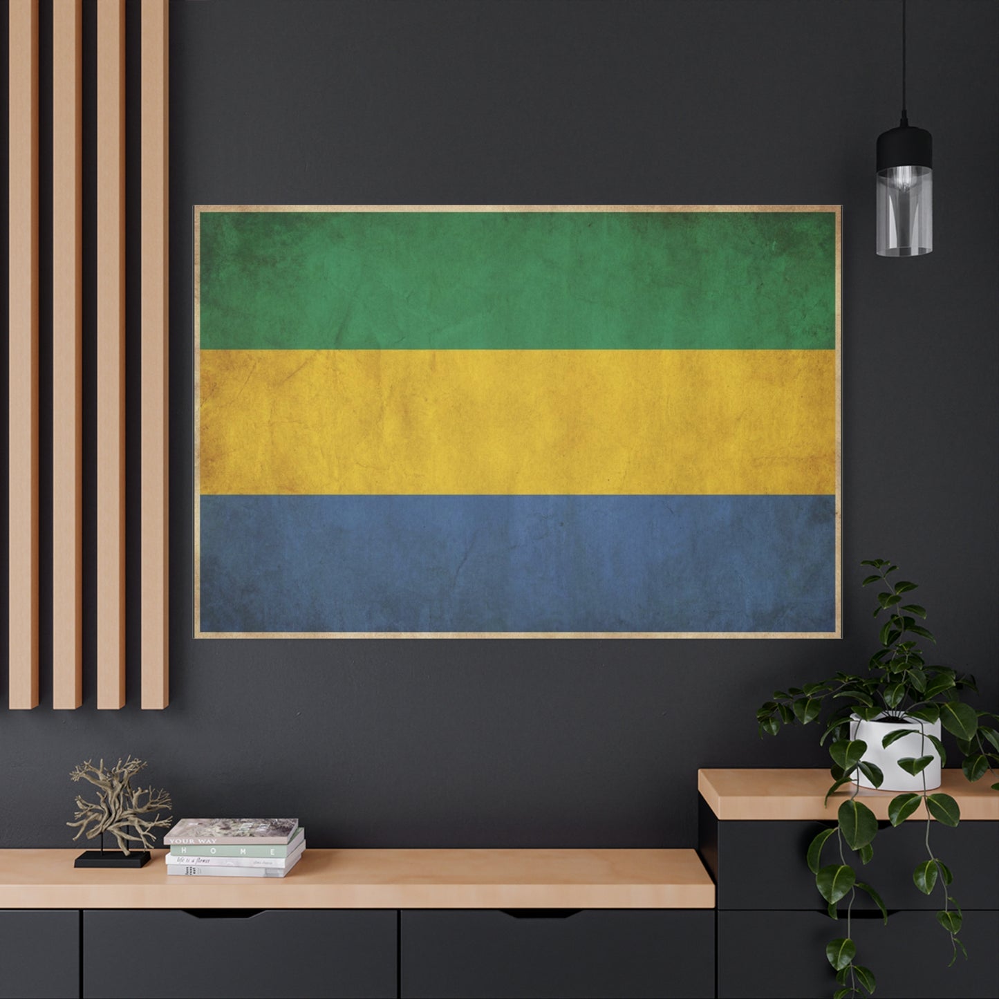 Gabon Flag Canvas Wall Art - Vintage Green Yellow Blue Country Print - Rustic Textured National Pride Decor - Living Room Wall Decor, Bedroom Home Decoration, Dorm Accent - Bedroom Home Decoration