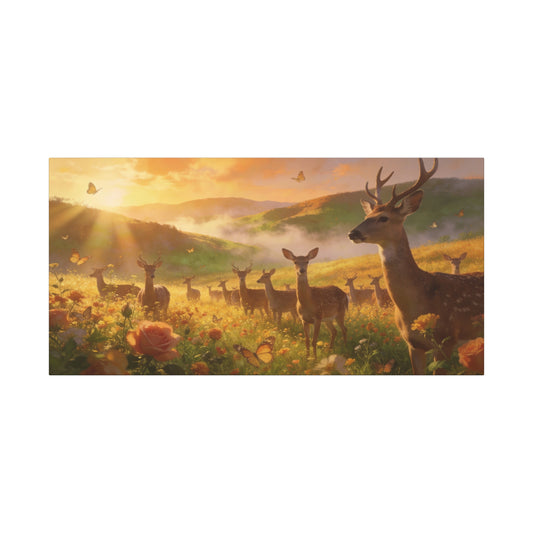 Deer Meadow Canvas Wall Art - Golden Sunrise Wildlife Landscape, Butterflies, Floral Field - Matte Finish Canvas Print - Rustic Nature Style, Living Room Wall Decor - Bedroom Home Decoration
