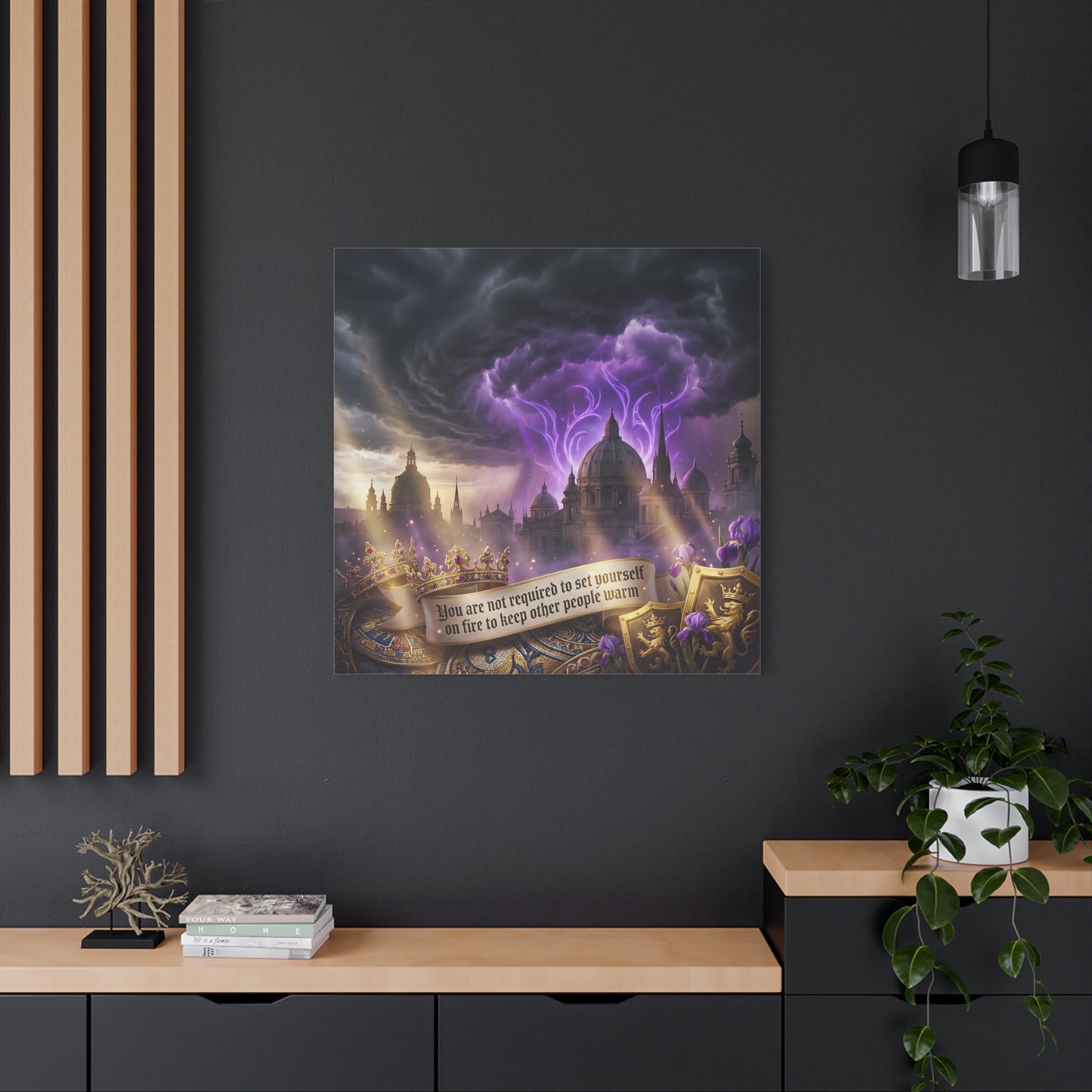 "You Are Not Required To Set Yourself On Fire" Canvas Wall Art - Gothic Castle Quote Decor, Purple Storm Sky, Crown And Iris Fantasy Print - Bedroom Home Decoration, Living Room Accent - Ready to Hang