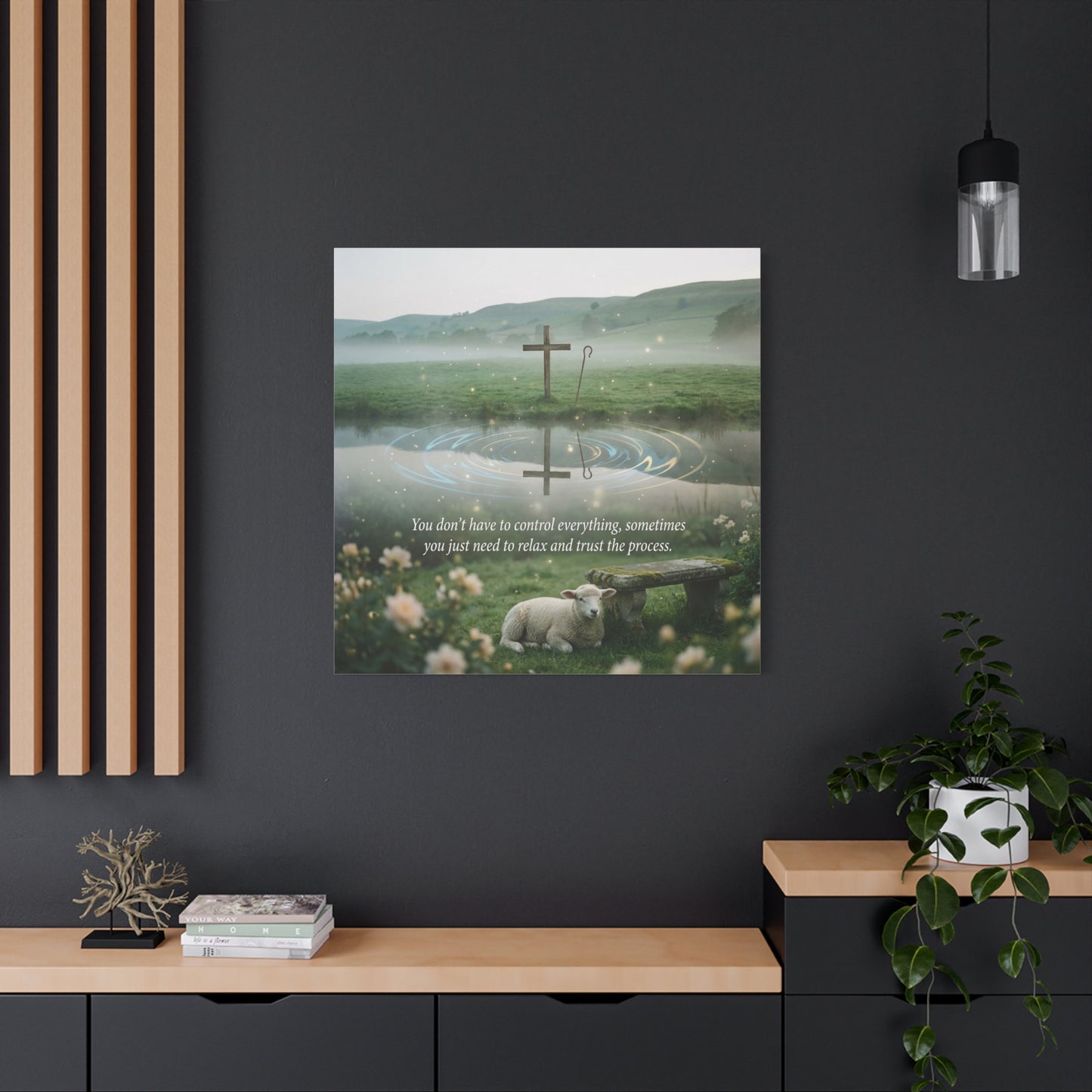 "You Don’t Have To Control Everything, Sometimes You Just Need To Relax And Trust The Process" Canvas Wall Art - Christian Cross, Lamb Meadow Scene - Inspirational Farmhouse Decor - Office Wall Art
