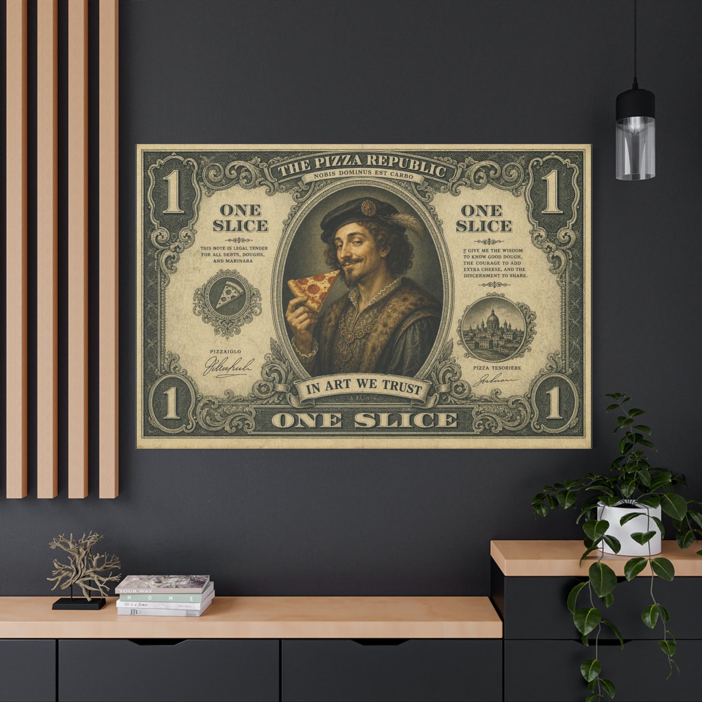 "The Pizza Republic" One Slice Vintage Canvas Wall Art - Renaissance Pizza Portrait, Typography Money Note Design - Matte Cotton Print - Kitchen Decor, Cafe Wall Decor - Bedroom Home Decoration
