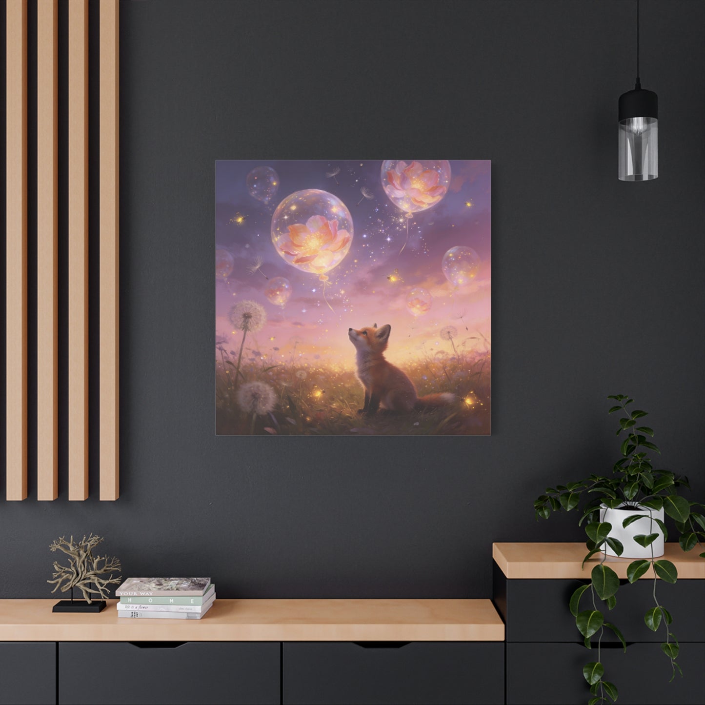 Fox Canvas Wall Art - Whimsical Fox Under Floral Balloons, Dreamy Twilight Meadow Canvas Print - Pastel Fantasy Style, Living Room Wall Decor, Bedroom Home Decoration - Bedroom Home Decoration