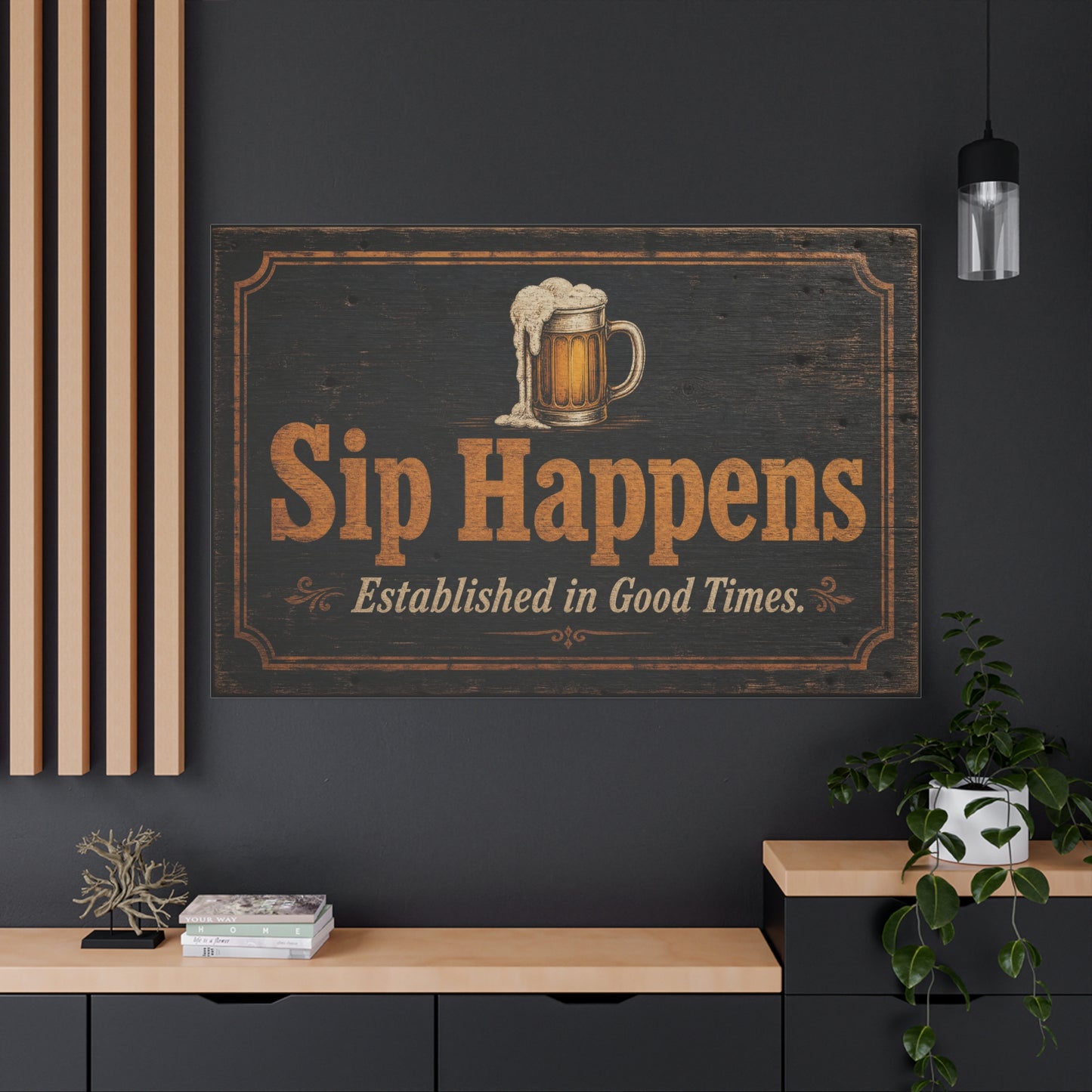 "Sip Happens" Beer Mug Canvas Wall Art - Rustic Vintage Pub Sign, Established In Good Times - Farmhouse Bar Decor - Ready to Hang - Ready to Hang - Pub Wall Art - Cocktail Lounge Decor