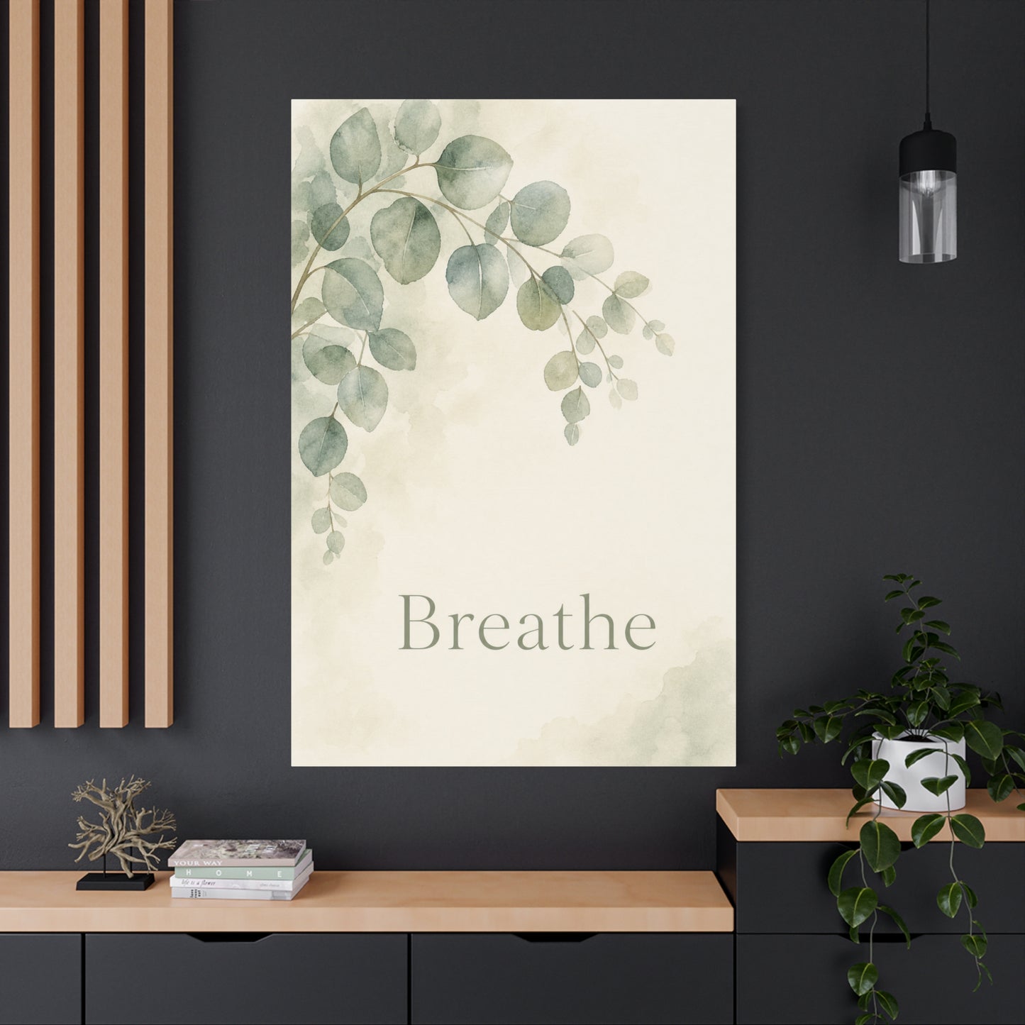 "Breathe" Botanical Canvas Wall Art - Sage Green Eucalyptus Leaves Watercolor Print - Minimalist Inspirational Wall Decor - Bedroom Home Decoration, Meditation Space Accent - Bedroom Home Decoration