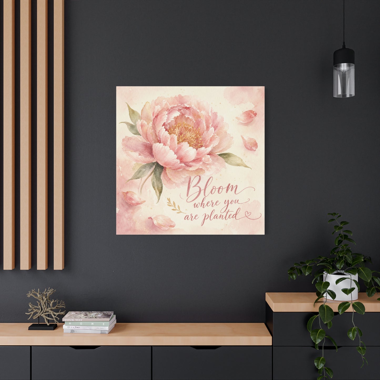 "Bloom Where You Are Planted" Peony Canvas Wall Art - Pink Watercolor Floral Quote Print, Soft Botanical Decor, Bedroom Wall Hanging, Feminine Farmhouse Style - Bedroom Home Decoration - Ready to Hang